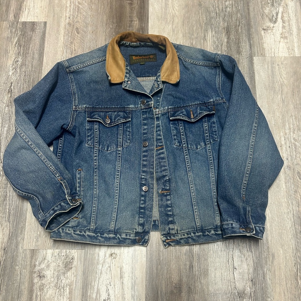 Vintage 90s Timerland Weather gear Jean Jacket Leather Collar Size Large